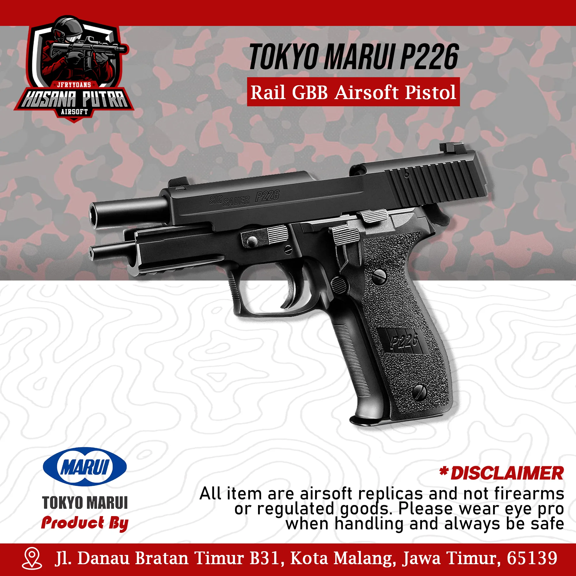 Tokyo Marui P226 Rail GBB Airsoft Pistol | Hosana Putra Airsoft