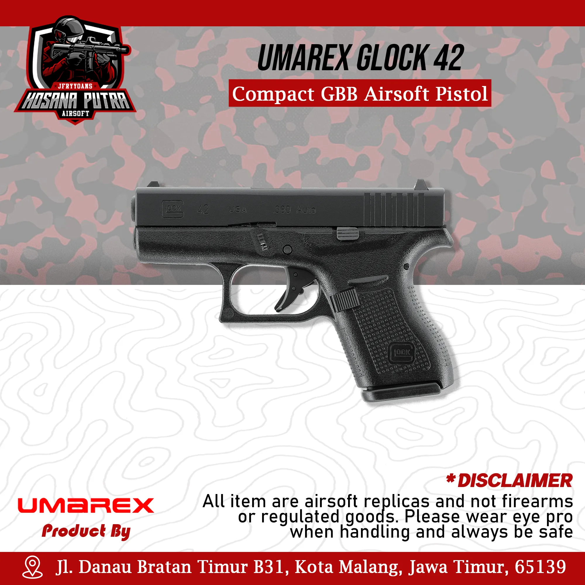 Umarex Glock 42 Compact GBB Airsoft Pistol | Hosana Putra Airsoft