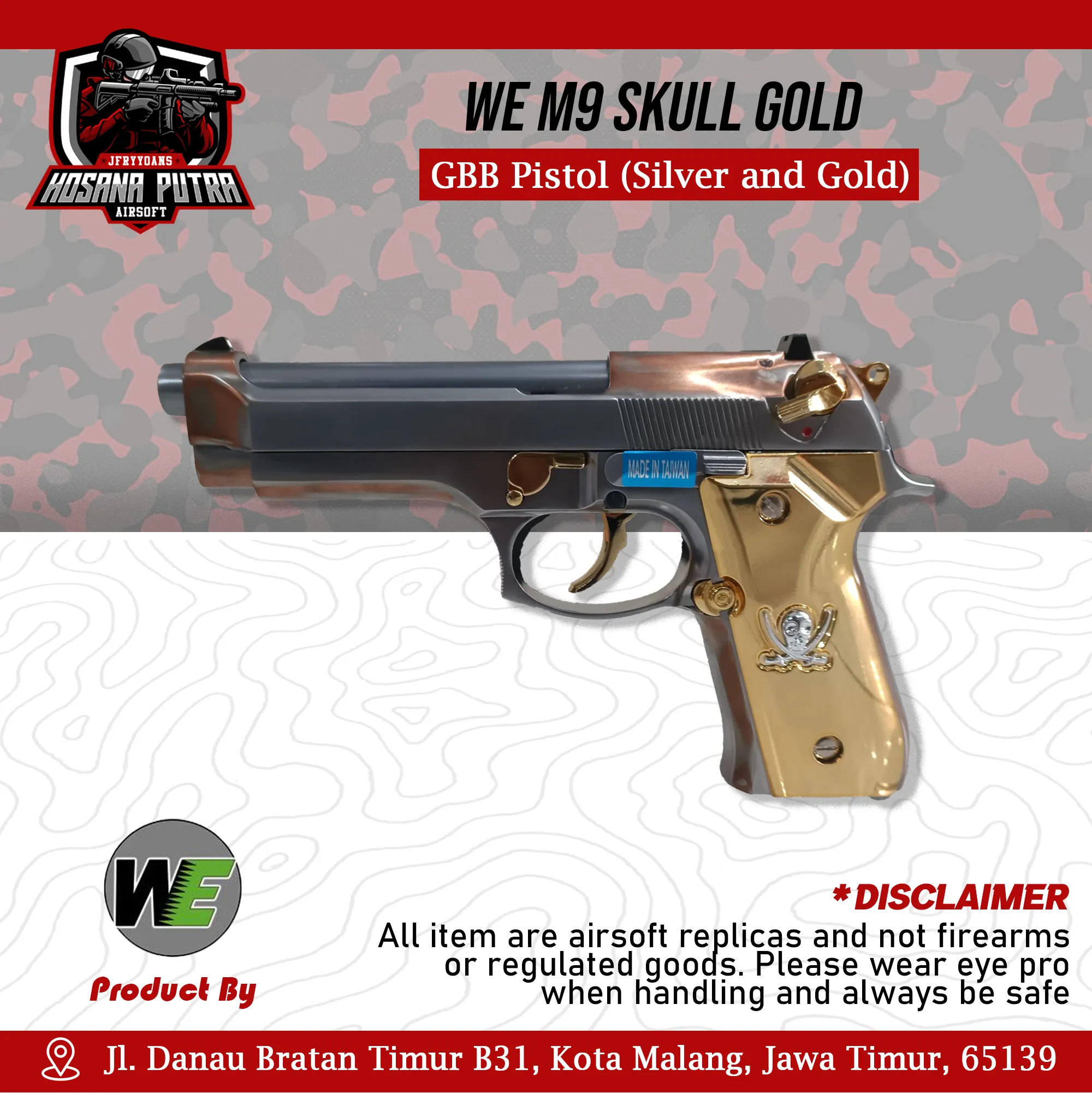 WE M9 Skull Gold - GBB Pistol (Silver and Gold) | Hosana Putra Airsoft